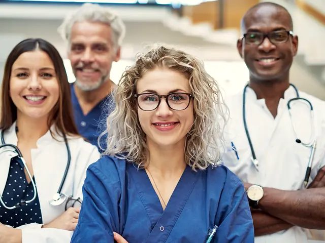 A practice team in white coats and scrubs smiling at the camera.